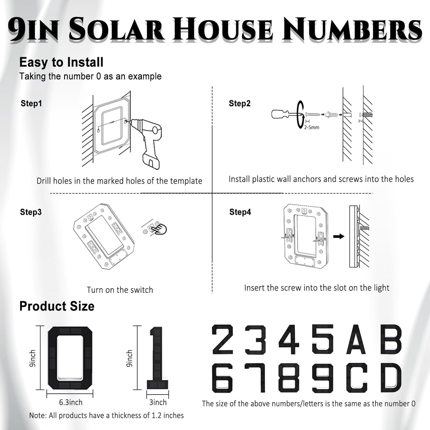 9 Inch Solar Lighted House Numbers for Outside, Light up Waterproof LED Addre