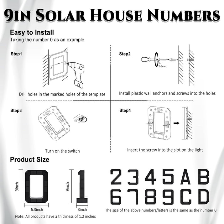 9 Inch Solar Lighted House Numbers for Outside, Light up Waterproof LED Addre